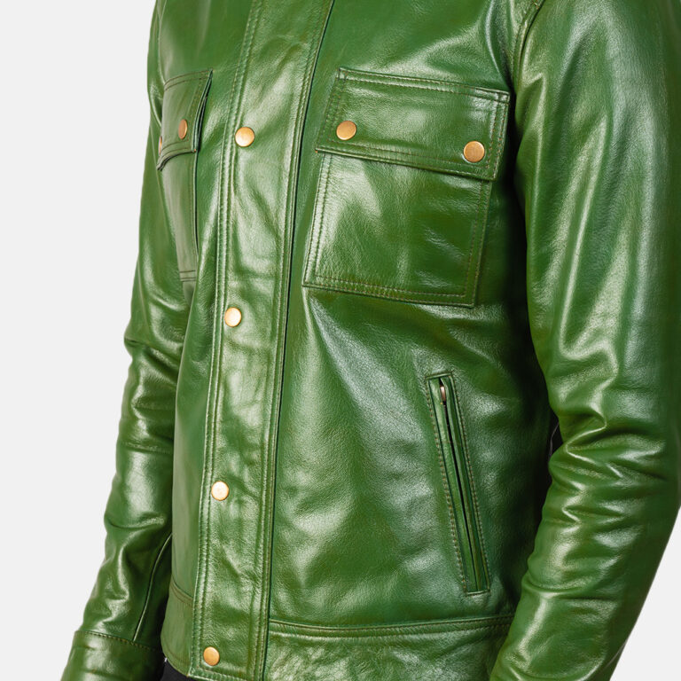 Mens Darren Distressed Green Leather Biker Jacket6145-9-1568636910110